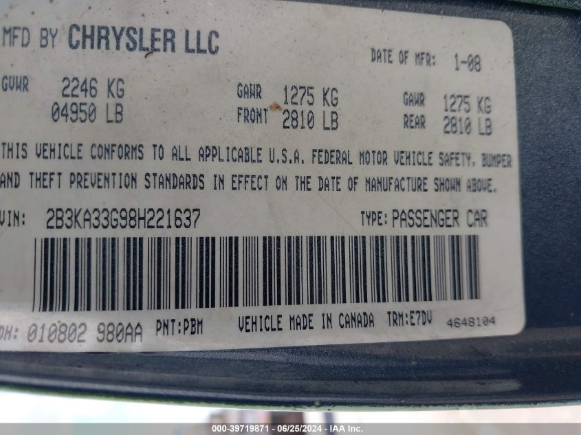 2008 Dodge Charger VIN: 2B3LA43G38H306113 Lot: 39719871