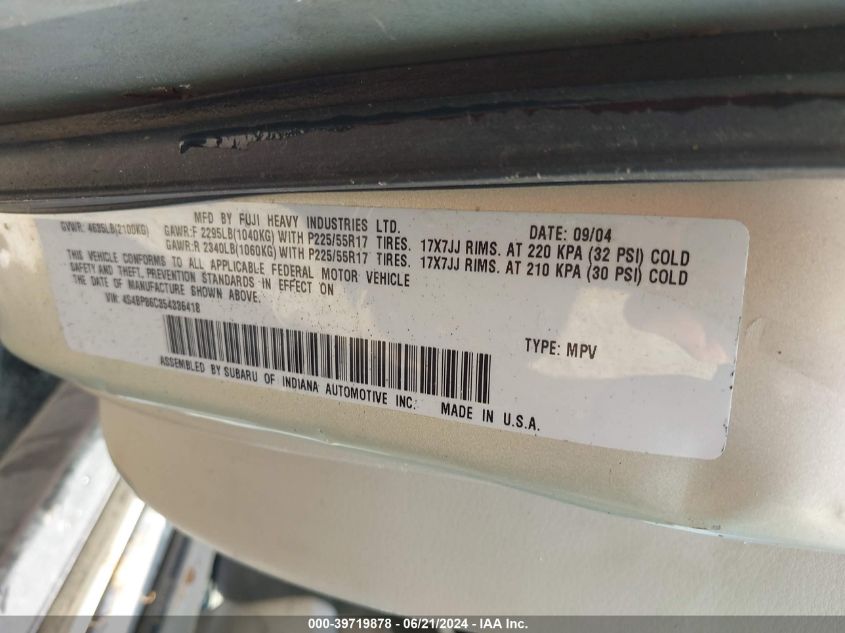 2005 Subaru Outback 3.0R L.l. Bean Edition VIN: 4S4BP86C354336418 Lot: 39719878