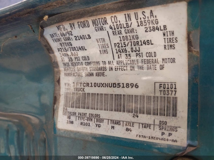 1992 Ford Ranger VIN: 1FTCR10UXNUD51896 Lot: 39719890