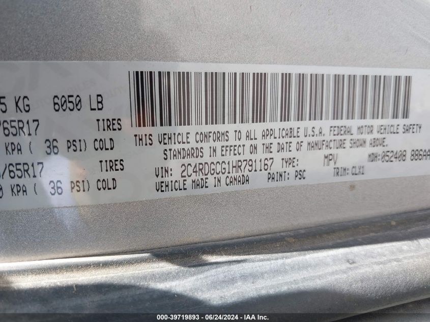 2017 Dodge Grand Caravan Sxt VIN: 2C4RDGCG1HR791167 Lot: 39719893