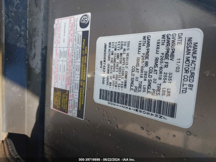 2004 Infiniti Fx35 VIN: JNRAS08W74X211300 Lot: 39719898