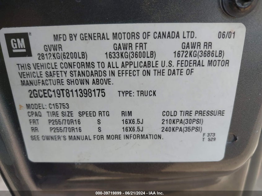 2001 Chevrolet Silverado 1500 Ls VIN: 2GCEC19T811398175 Lot: 39719899