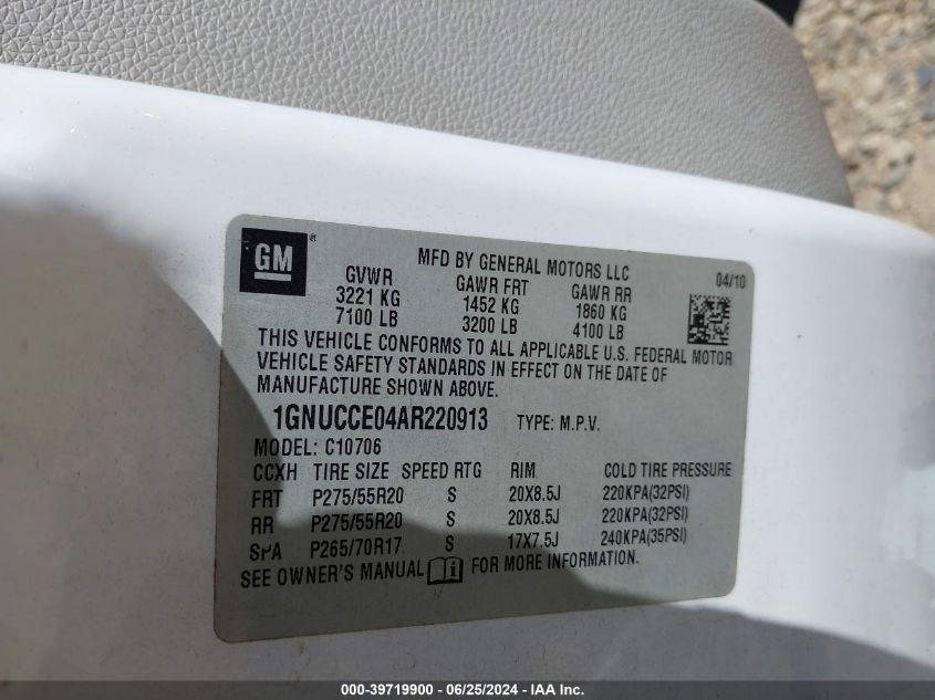 2010 Chevrolet Tahoe Ltz VIN: 1GNUCCE04AR220913 Lot: 39719900