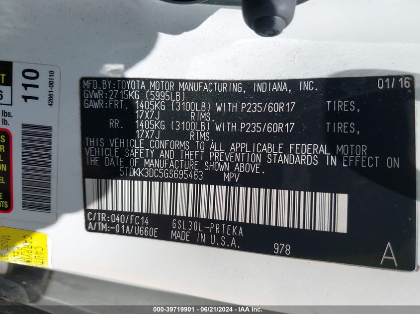 2016 Toyota Sienna Le 8 Passenger VIN: 5TDKK3DC5GS695463 Lot: 39719901