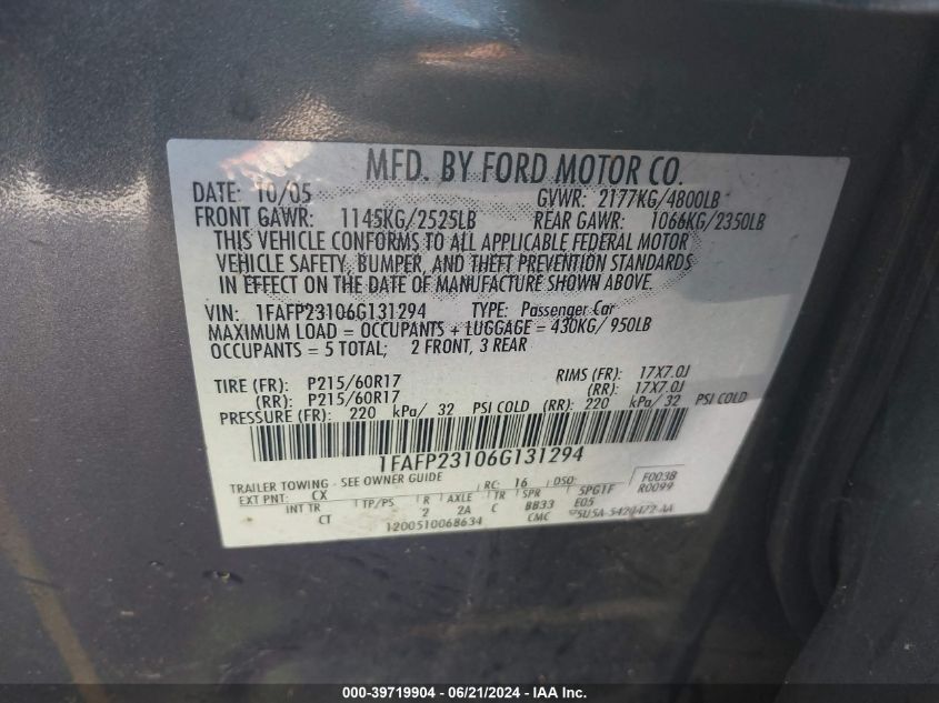 2006 Ford Five Hundred Se VIN: 1FAFP23106G131294 Lot: 39719904