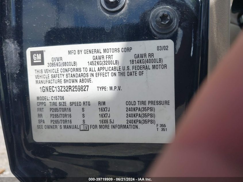 2002 Chevrolet Tahoe Lt VIN: 1GNEC13Z32R259827 Lot: 39719909