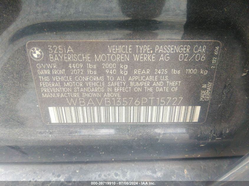 2006 BMW 325I VIN: WBAVB13576PT15727 Lot: 39719910