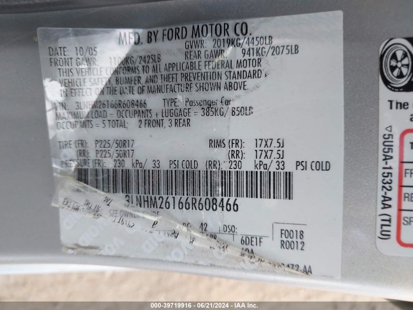 2006 Lincoln Zephyr VIN: 3LNHM26166R608466 Lot: 39719916