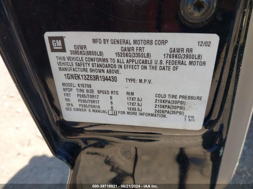 2003 Chevrolet Tahoe Z71 VIN: 1GNEK13Z63R194430 Lot: 39719921