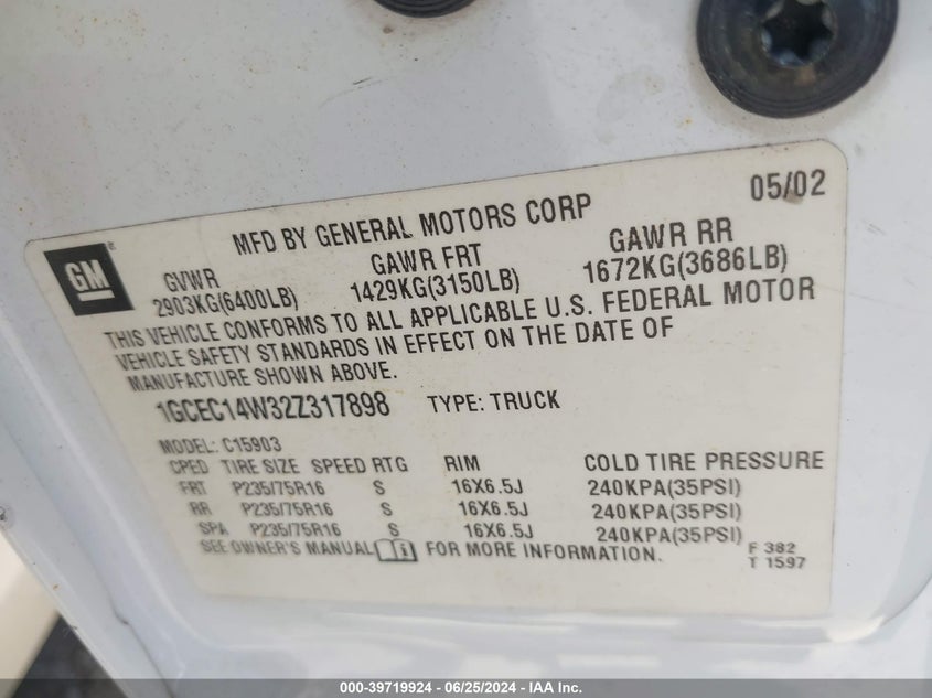 2002 Chevrolet Silverado 1500 VIN: 1GCEC14W32Z317898 Lot: 39719924