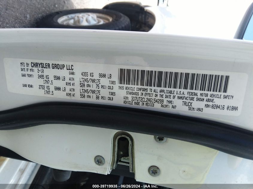 2010 Dodge Ram 2500 St VIN: 3D7UT2CL2AG154299 Lot: 39719935