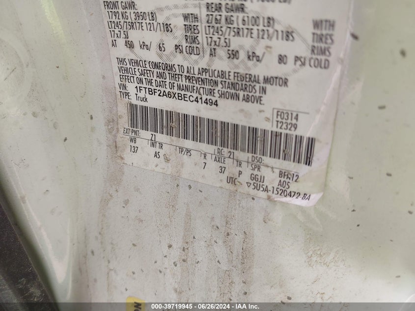 2011 Ford F-250 Xl VIN: 1FTBF2A6XBEC41494 Lot: 39719945