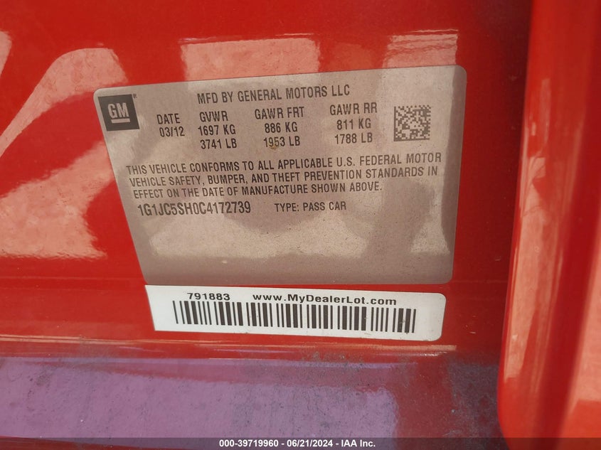 2012 Chevrolet Sonic 2Lt VIN: 1G1JC5SH0C4172739 Lot: 39719960