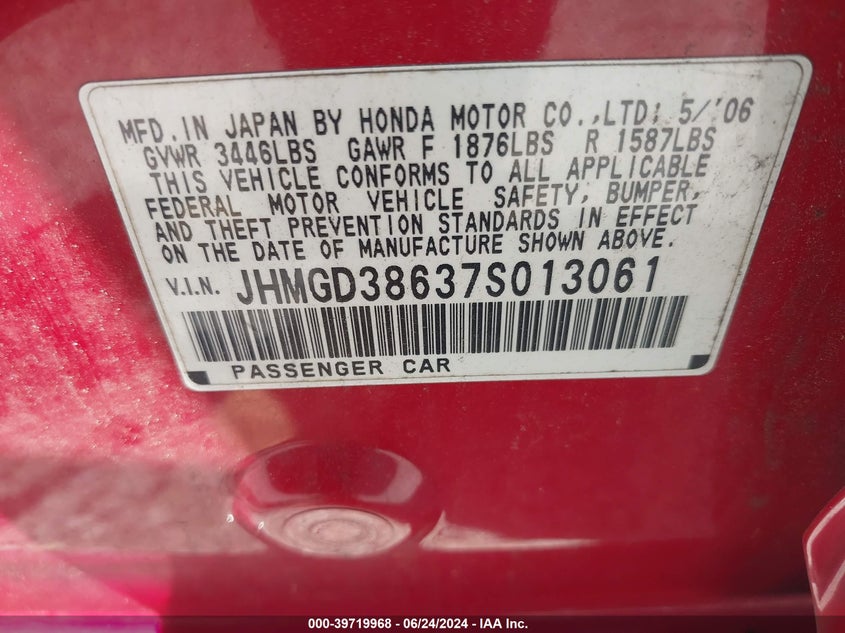 2007 Honda Fit Sport VIN: JHMGD38637S013061 Lot: 39719968