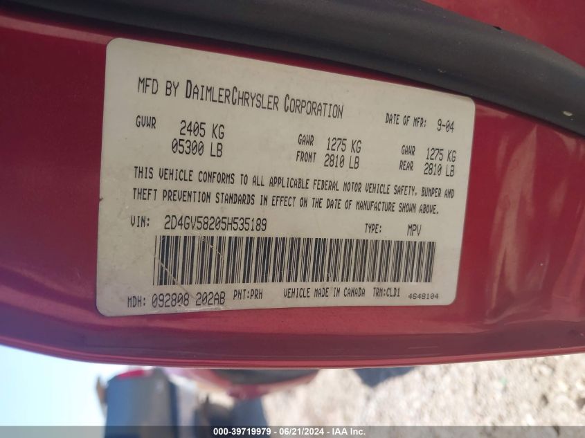 2005 Dodge Magnum Rt VIN: 2D4GV58205H535189 Lot: 39719979