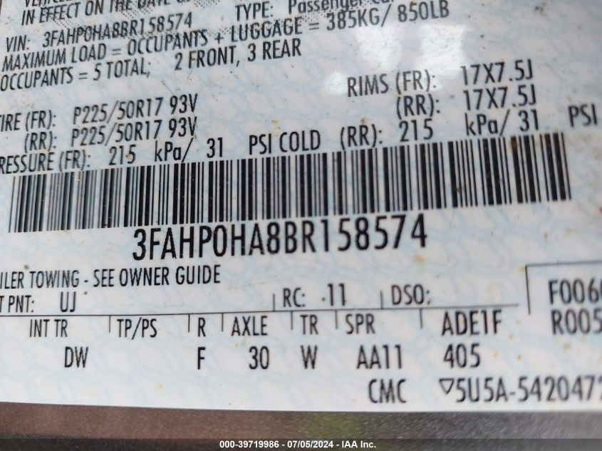 2011 Ford Fusion Se VIN: 3FAHP0HA8BR158574 Lot: 39719986