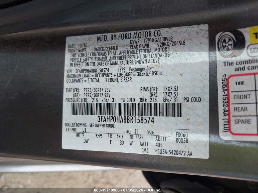 2011 Ford Fusion Se VIN: 3FAHP0HA8BR158574 Lot: 39719986