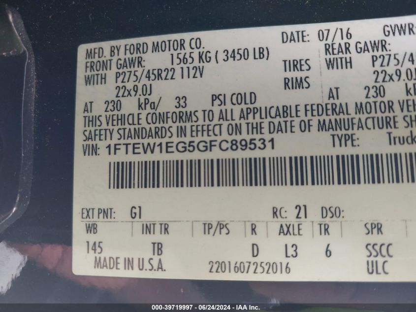 2016 Ford F-150 Limited VIN: 1FTEW1EG5GFC89531 Lot: 39719997