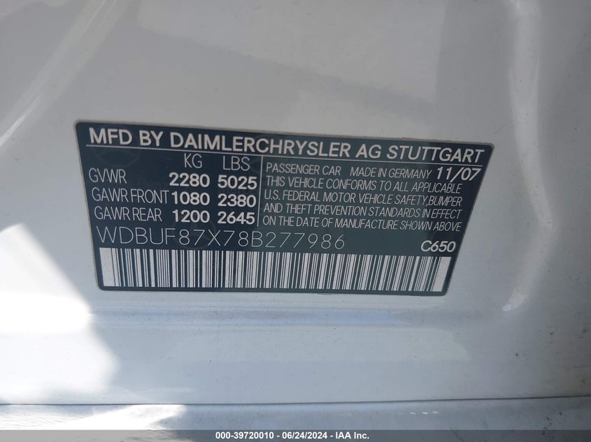 2008 Mercedes-Benz E 350 4Matic VIN: WDBUF87X78B277986 Lot: 39720010