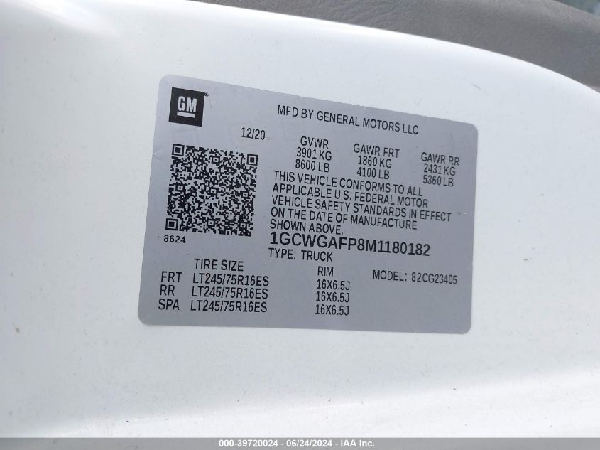 2021 Chevrolet Express Cargo Rwd 2500 Regular Wheelbase Wt VIN: 1GCWGAFP8M1180182 Lot: 39720024