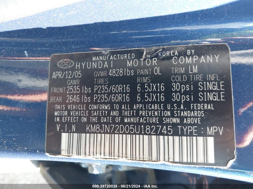 2005 Hyundai Tucson Gls/Lx VIN: KM8JN72D05U182745 Lot: 39720038