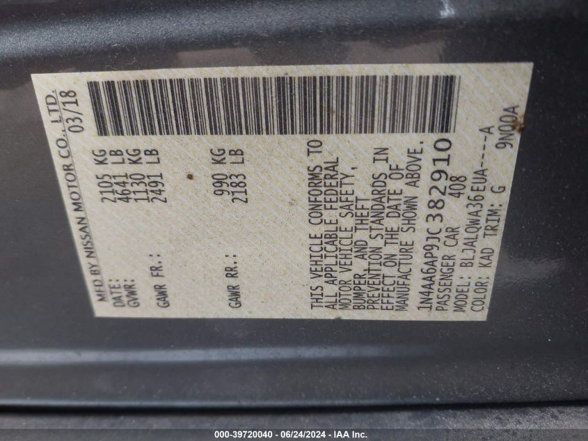 2018 Nissan Maxima 3.5 S VIN: 1N4AA6AP9JC382910 Lot: 39720040