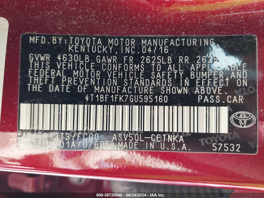 2016 Toyota Camry Le VIN: 4T1BF1FK7GU595160 Lot: 39720046