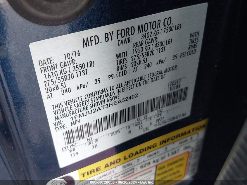 2017 Ford Expedition Limited VIN: 1FMJU2AT3HEA32402 Lot: 39720053