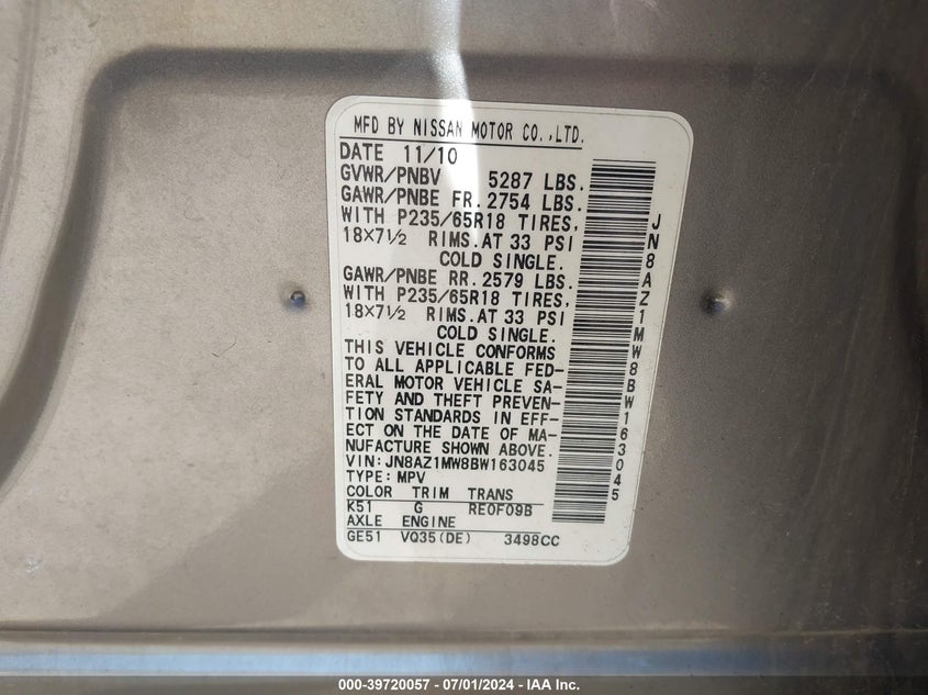 2011 Nissan Murano Sv VIN: JN8AZ1MW8BW163045 Lot: 39720057