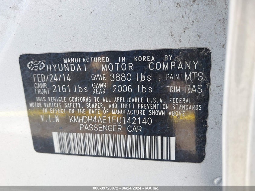 2014 Hyundai Elantra Se VIN: KMHDH4AE1EU142140 Lot: 39720072