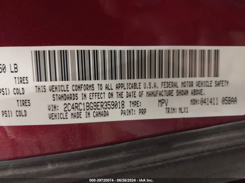 2014 Chrysler Town & Country Touring VIN: 2C4RC1BG9ER359018 Lot: 39720074
