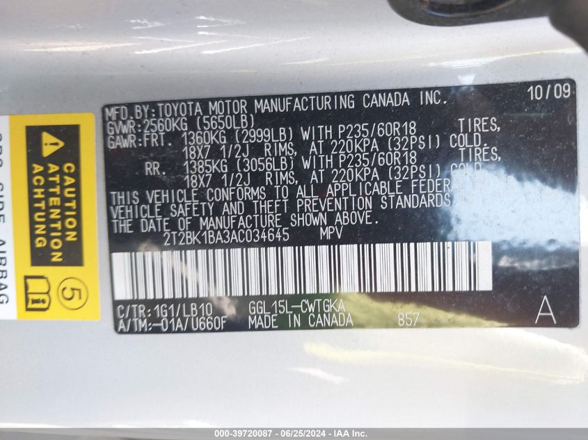 2T2BK1BA3AC034645 2010 Lexus Rx 350