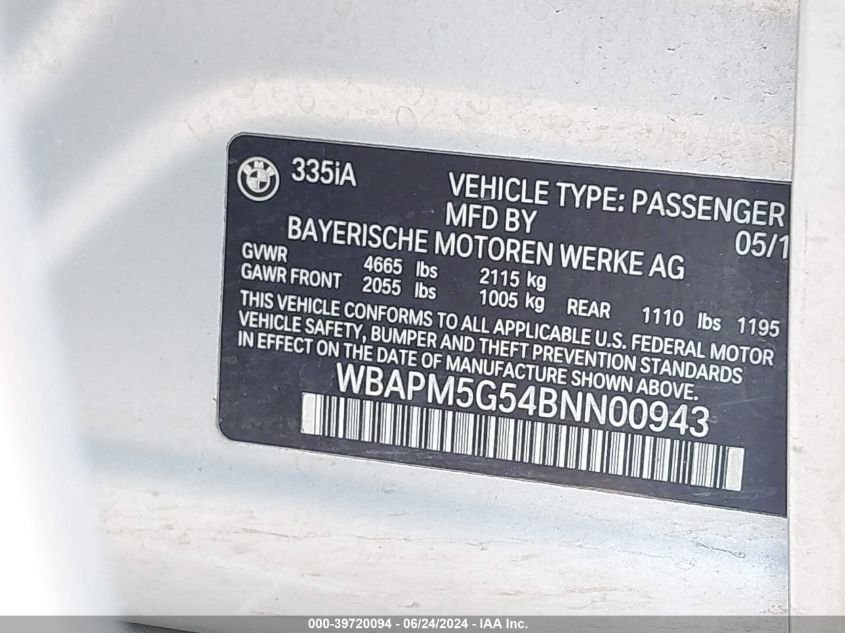 2011 BMW 335I VIN: WBAPM5G54BNN00943 Lot: 39720094