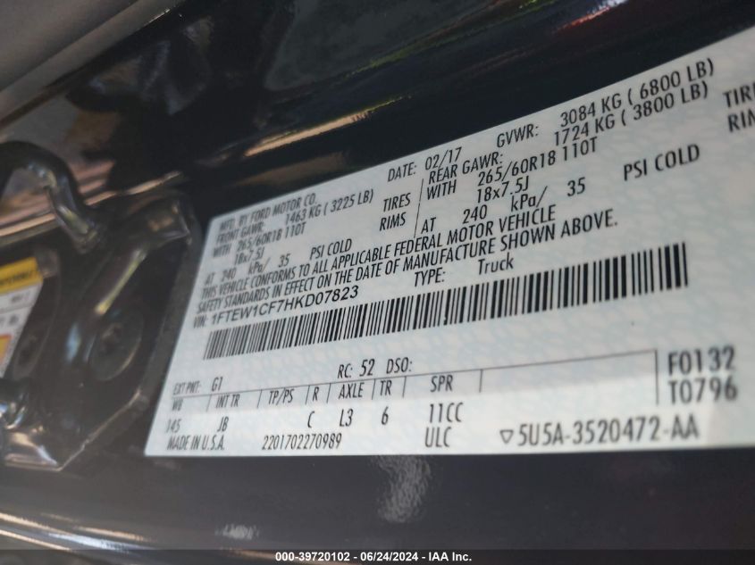2017 Ford F-150 Xlt VIN: 1FTEW1CF7HKD07823 Lot: 39720102