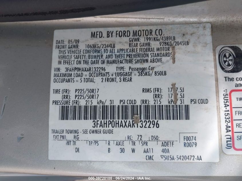 2010 Ford Fusion Se VIN: 3FAHP0HAXAR132296 Lot: 39720105