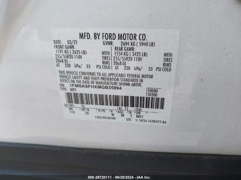 2021 Ford Explorer Limited VIN: 1FMSK8FHXMGB35994 Lot: 39720111