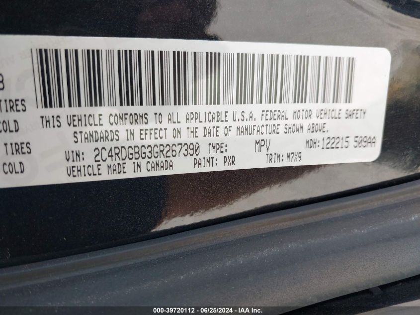 2016 Dodge Grand Caravan Se Plus VIN: 2C4RDGBG3GR267390 Lot: 39720112