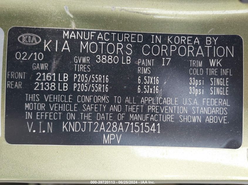 2010 Kia Soul + VIN: KNDJT2A28A7151541 Lot: 39720113