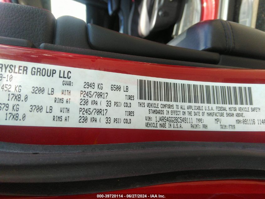 2011 Jeep Grand Cherokee Laredo VIN: 1J4RS4GG2BC549111 Lot: 39720114