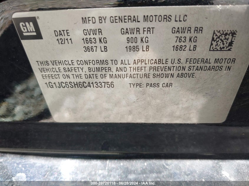 2012 Chevrolet Sonic 2Lt VIN: 1G1JC6SH6C4133756 Lot: 39720118