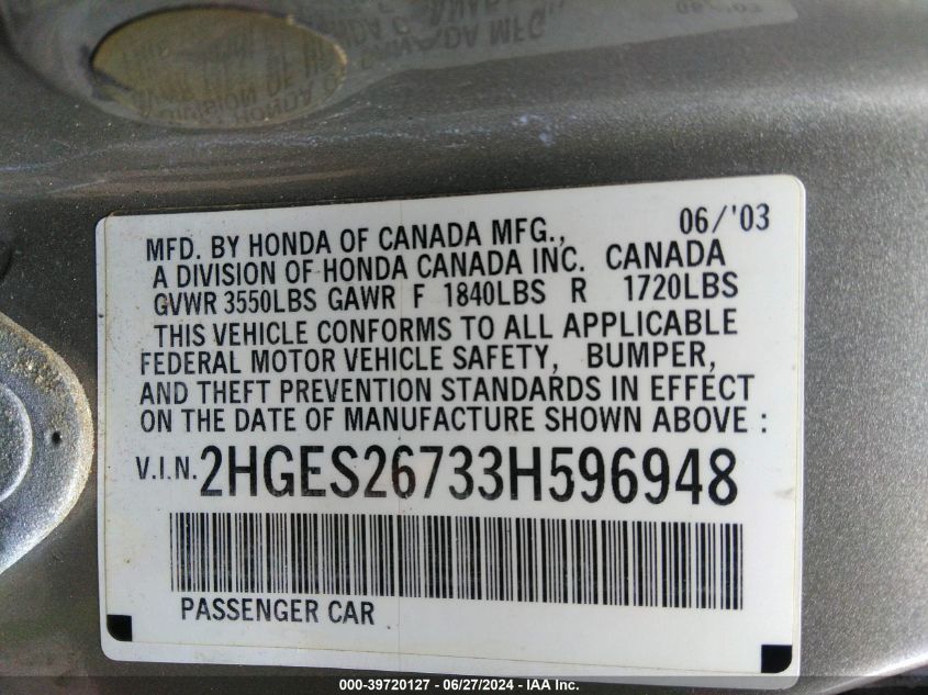 2003 Honda Civic Ex VIN: 2HGES26733H596948 Lot: 39720127