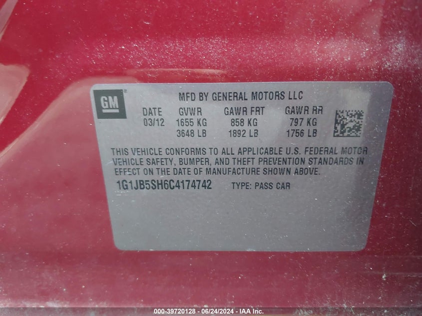 2012 Chevrolet Sonic 1Ls VIN: 1G1JB5SH6C4174742 Lot: 39720128