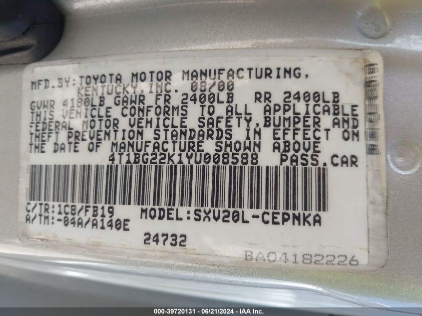 2000 Toyota Camry Le VIN: 4T1BG22K1YU008588 Lot: 39720131