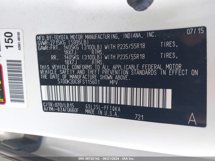 2015 Toyota Sienna Limited Premium 7 Passenger VIN: 5TDDK3DC8FS115601 Lot: 39720142