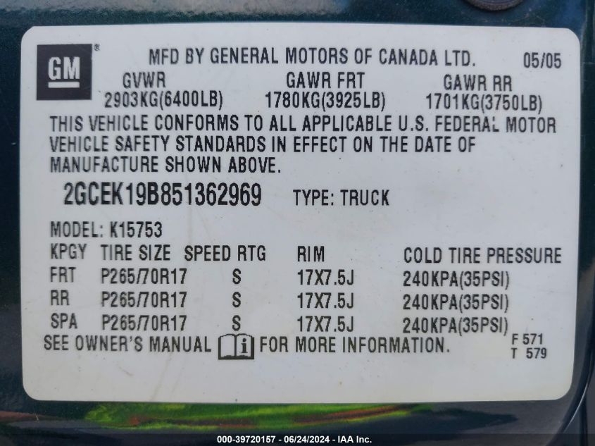 2005 Chevrolet Silverado 1500 Z71 VIN: 2GCEK19B851362969 Lot: 39720157