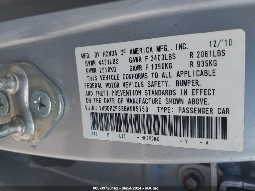 2011 Honda Accord 2.4 Ex-L VIN: 1HGCP2F88BA065758 Lot: 39720162