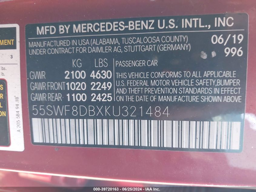 2019 Mercedes-Benz C 300 VIN: 55SWF8DBXKU321484 Lot: 39720163