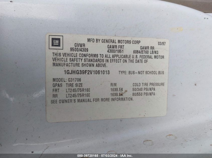 1997 GMC Savana G3500 VIN: 1GJHG39F2V1061013 Lot: 39720165