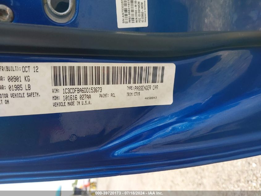 2013 Dodge Dart Sxt VIN: 1C3CDFBA6DD153673 Lot: 39720173