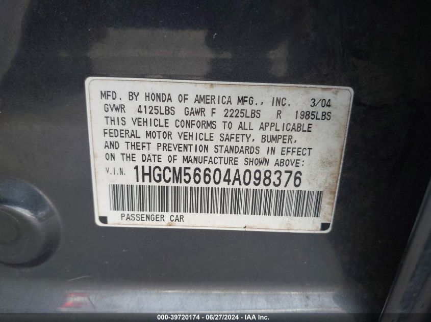 2004 Honda Accord 2.4 Ex VIN: 1HGCM56604A098376 Lot: 39720174